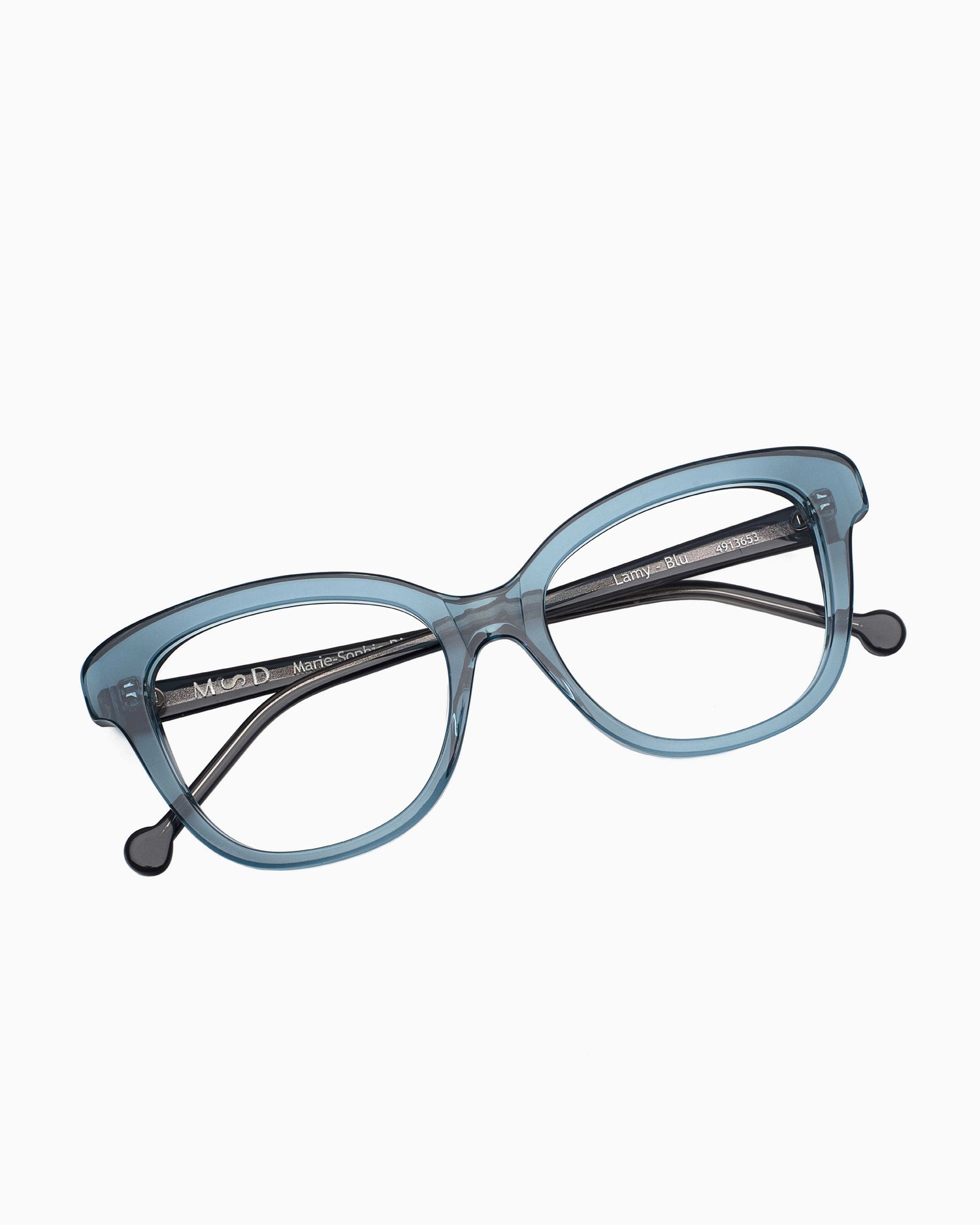 blue plastic butterfly eyeglasses by Marie-Sophie Dion model Lamy, front view, lunettes de vue papillon couleur Bleu