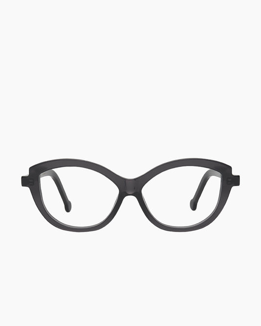 grey plastic cat eyeglasses by Marie-Sophie Dion model Brodeur, front view, lunettes de vue chat couleur Gris