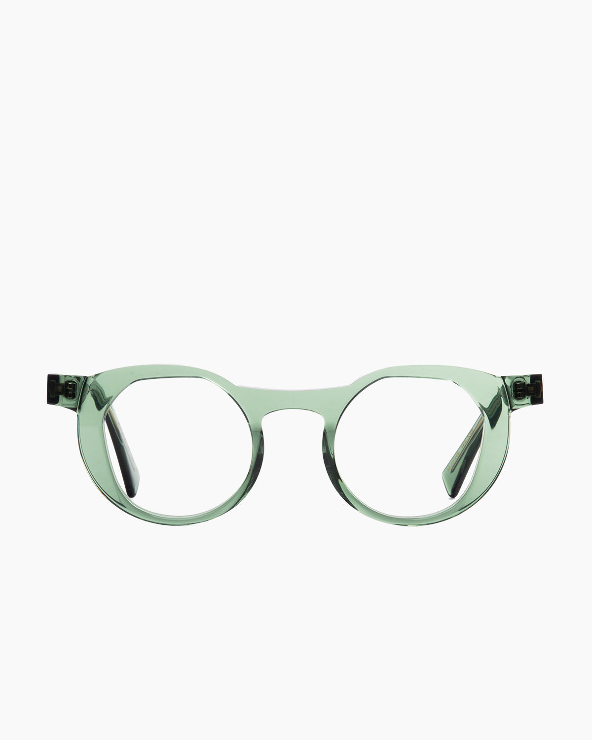 green plastic round eyeglasses by Gamine model Savamala, front view, lunettes de vue rond couleur vert