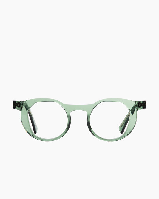 green plastic round eyeglasses by Gamine model Savamala, front view, lunettes de vue rond couleur vert