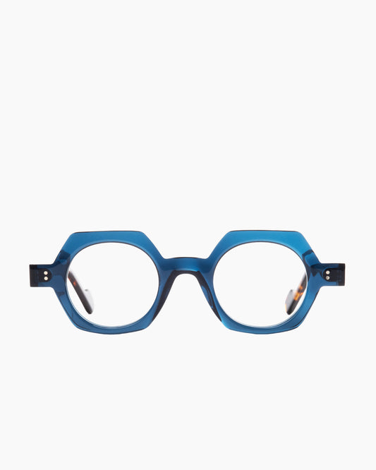 blue plastic hexagon eyeglasses by Anne et Valentin model DELPY, front view, lunettes de vue hexagone couleur bleu
