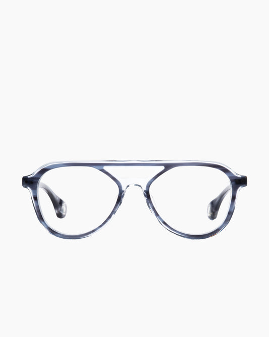 blue plastic aviator eyeglasses by Blake Kuwahara model Spaulding, front view, lunettes de vue aviateur couleur bleu