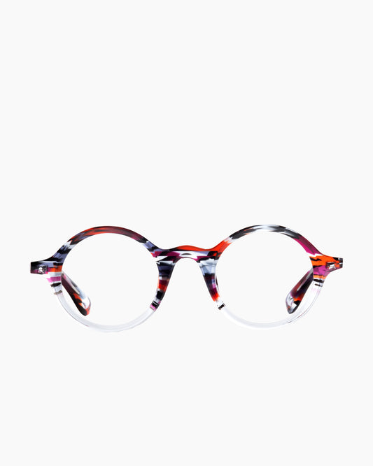 red plastic round eyeglasses by Theo model Sunrise, front view, lunettes de vue rond couleur rouge