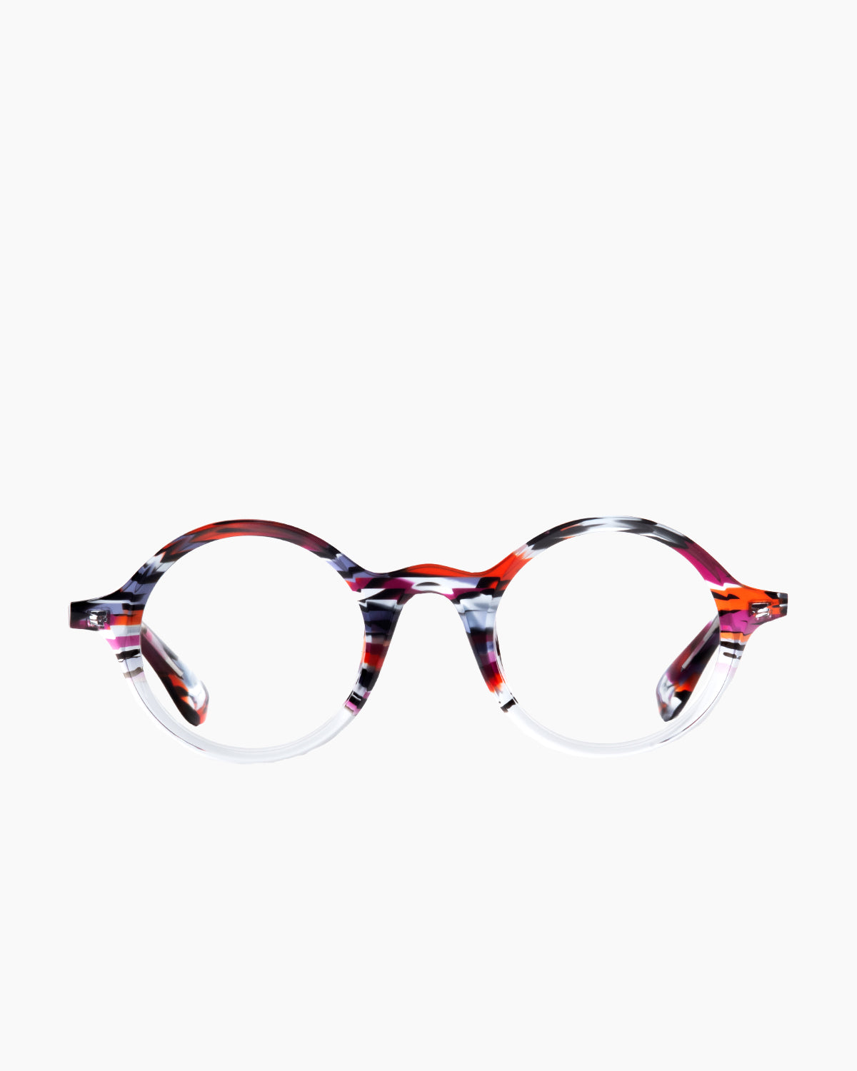 red plastic round eyeglasses by Theo model Sunrise, front view, lunettes de vue rond couleur rouge