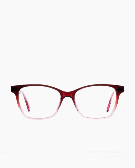 red plastic butterfly eyeglasses by Evolve model Freya, front view, lunettes de vue papillon couleur rouge