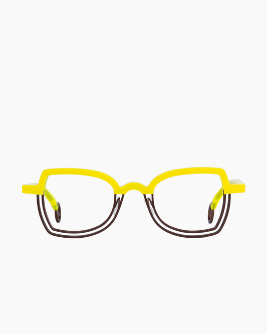 yellow metal butterfly eyeglasses by Theo model Stopper, front view, lunettes de vue papillon couleur Jaune