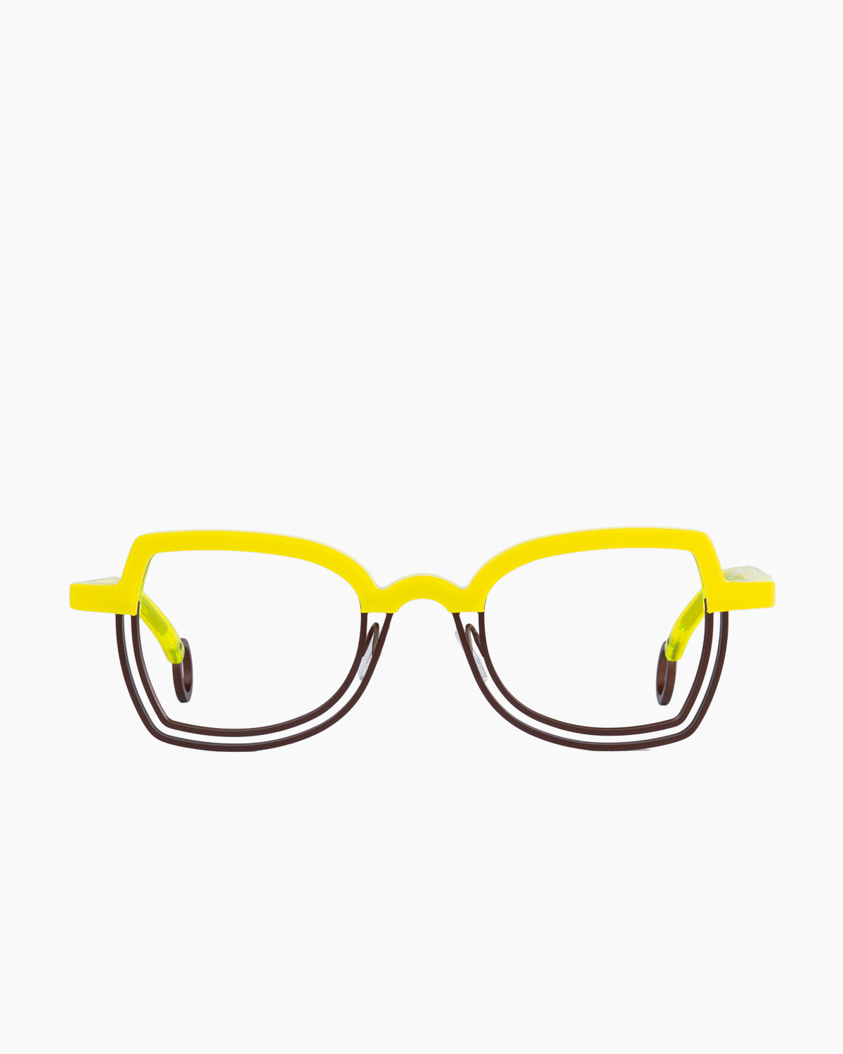 yellow metal butterfly eyeglasses by Theo model Stopper, front view, lunettes de vue papillon couleur Jaune