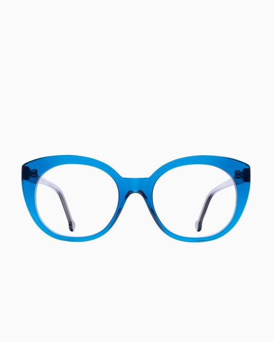 blue plastic cat eyeglasses by Marie-Sophie Dion model Monroe, front view, lunettes de vue chat couleur Bleu
