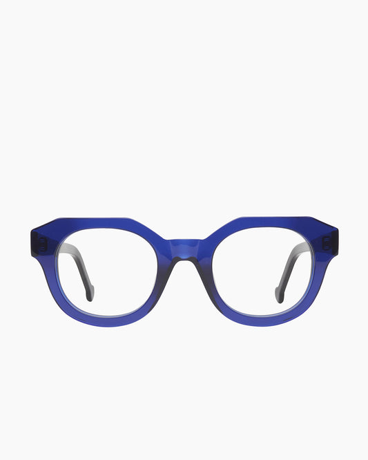 blue plastic round eyeglasses by Marie-Sophie Dion model Poitras, front view, lunettes de vue rond couleur Bleu