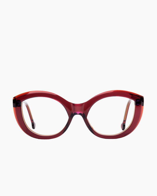 burgundy plastic cat eyeglasses by Marie-Sophie Dion model Fiori, front view, lunettes de vue chat couleur bourgogne