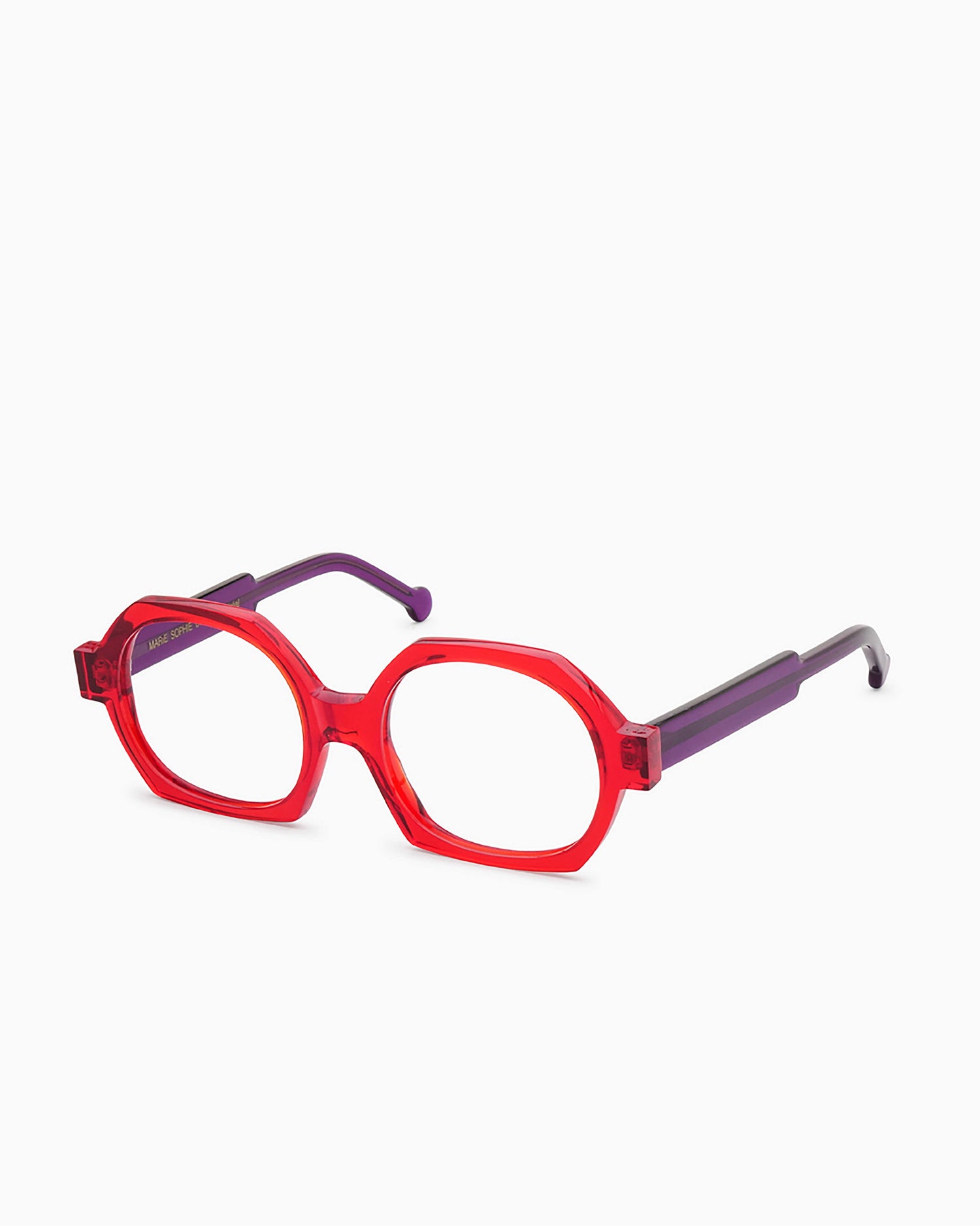 red plastic hexagon eyeglasses by Marie-Sophie Dion model Laperle.T, front view, lunettes de vue hexagone couleur Rouge