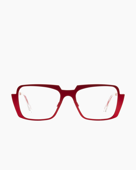 red metal rectangle eyeglasses by Theo model Demain, front view, lunettes de vue rectangle couleur rouge