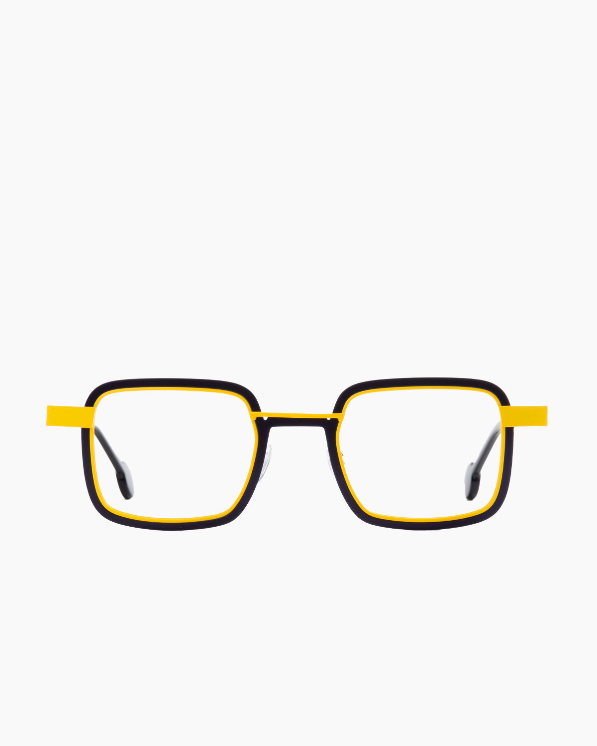 yellow metal rectangle eyeglasses by Anne et Valentin model welldone, front view, lunettes de vue rectangle couleur jaune