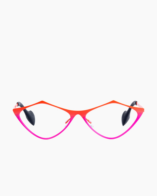 pink metal triangle eyeglasses by Theo model TOTTORI, front view, lunettes de vue  couleur Rose