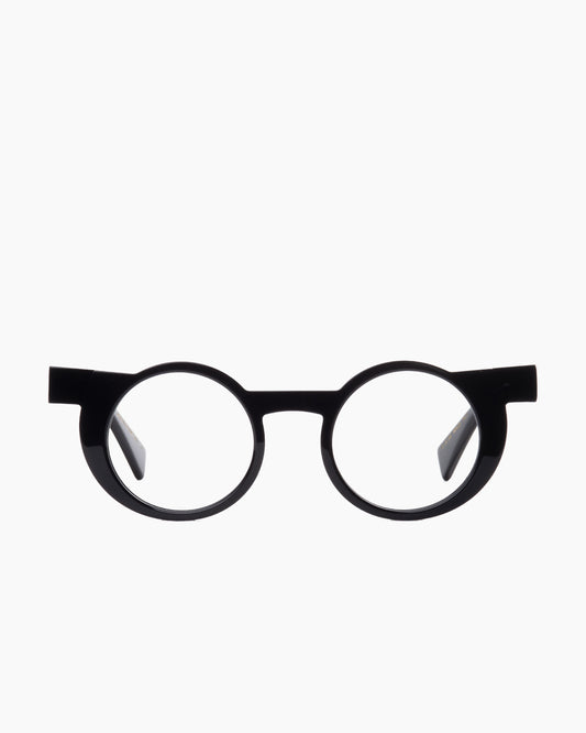 black plastic round eyeglasses by Gamine model Fukushima, front view, lunettes de vue rond couleur noir