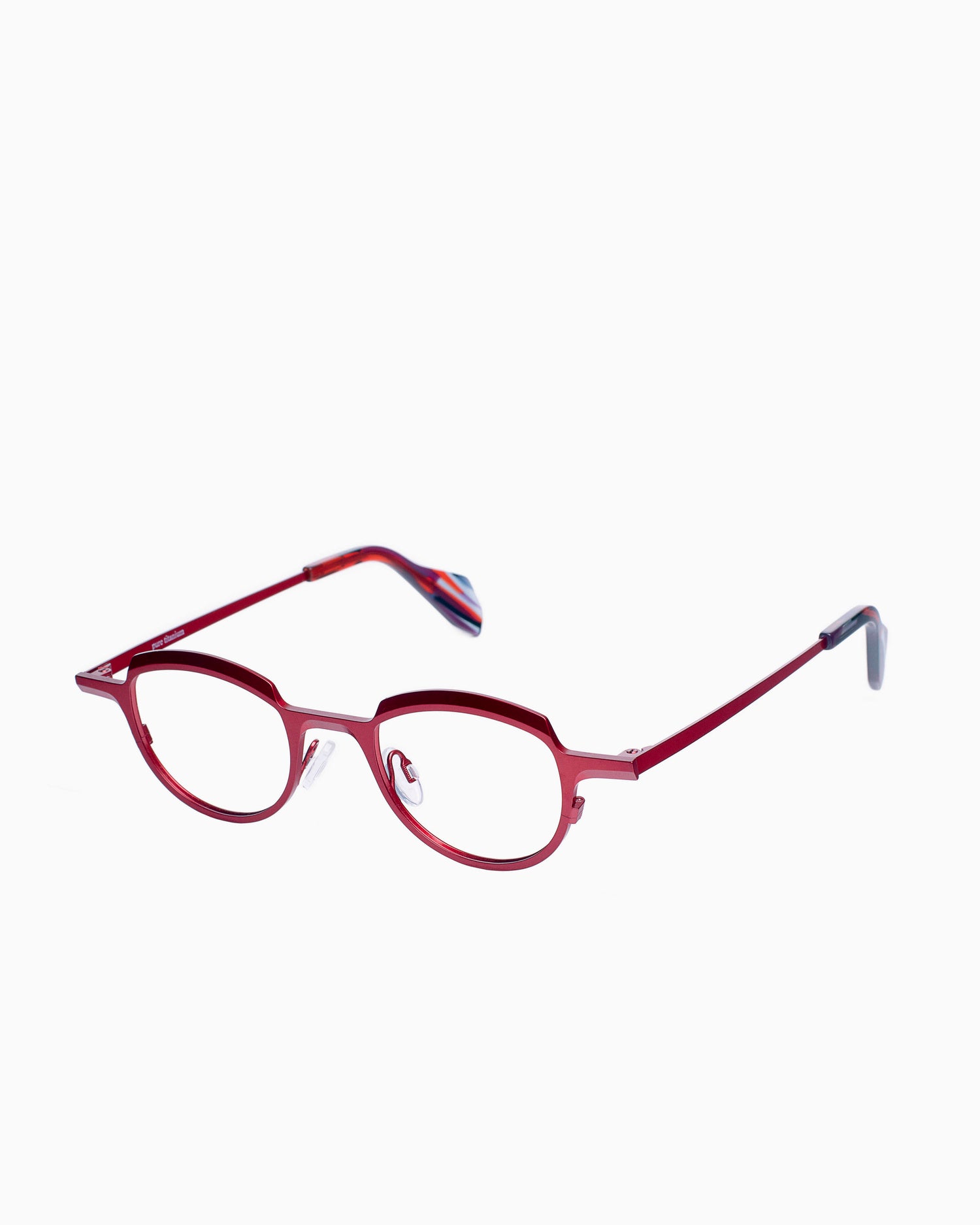 red metal round eyeglasses by Theo model asscher, front view, lunettes de vue rond couleur Rouge