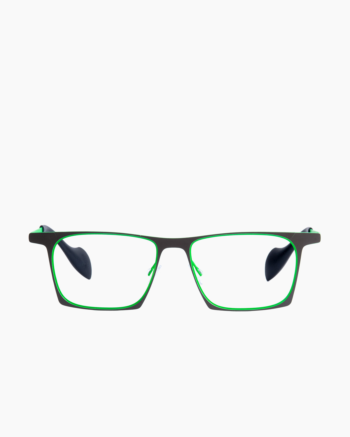green metal rectangle eyeglasses by Theo model WITSAND, front view, lunettes de vue rectangle couleur Vert