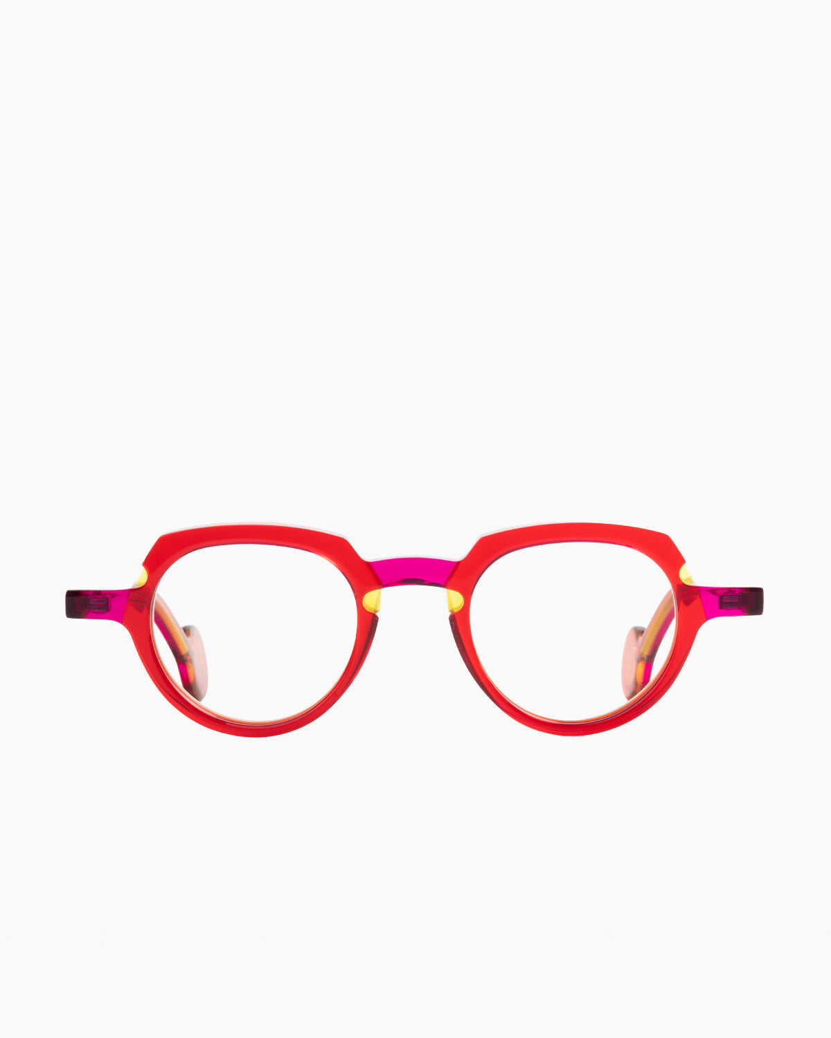 red plastic oval eyeglasses by Theo model andy, front view, lunettes de vue ovale couleur rouge