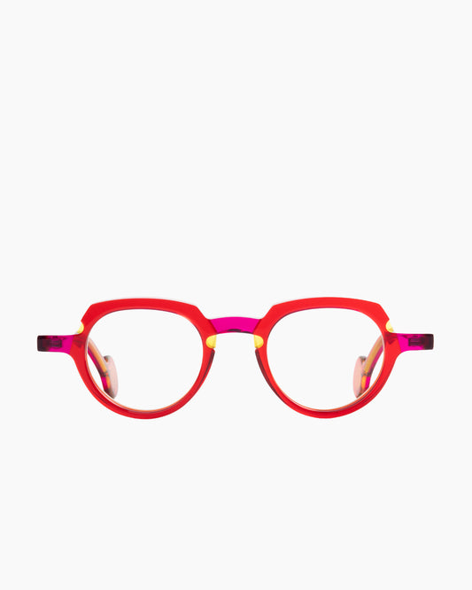red plastic oval eyeglasses by Theo model andy, front view, lunettes de vue ovale couleur rouge
