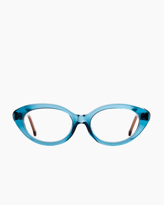 blue plastic cat eyeglasses by Marie-Sophie Dion model Moreau, front view, lunettes de vue chat couleur Bleu