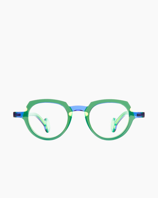 green plastic oval eyeglasses by Theo model andy, front view, lunettes de vue ovale couleur vert