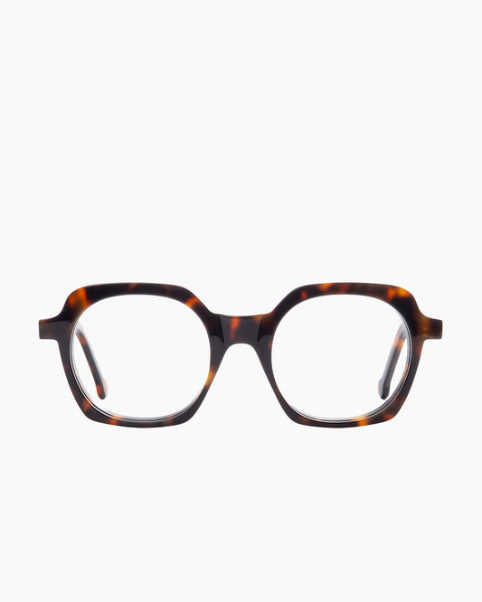tortoise plastic hexagon eyeglasses by Marie-Sophie Dion model Aronson, front view, lunettes de vue hexagone couleur écaille de tortue