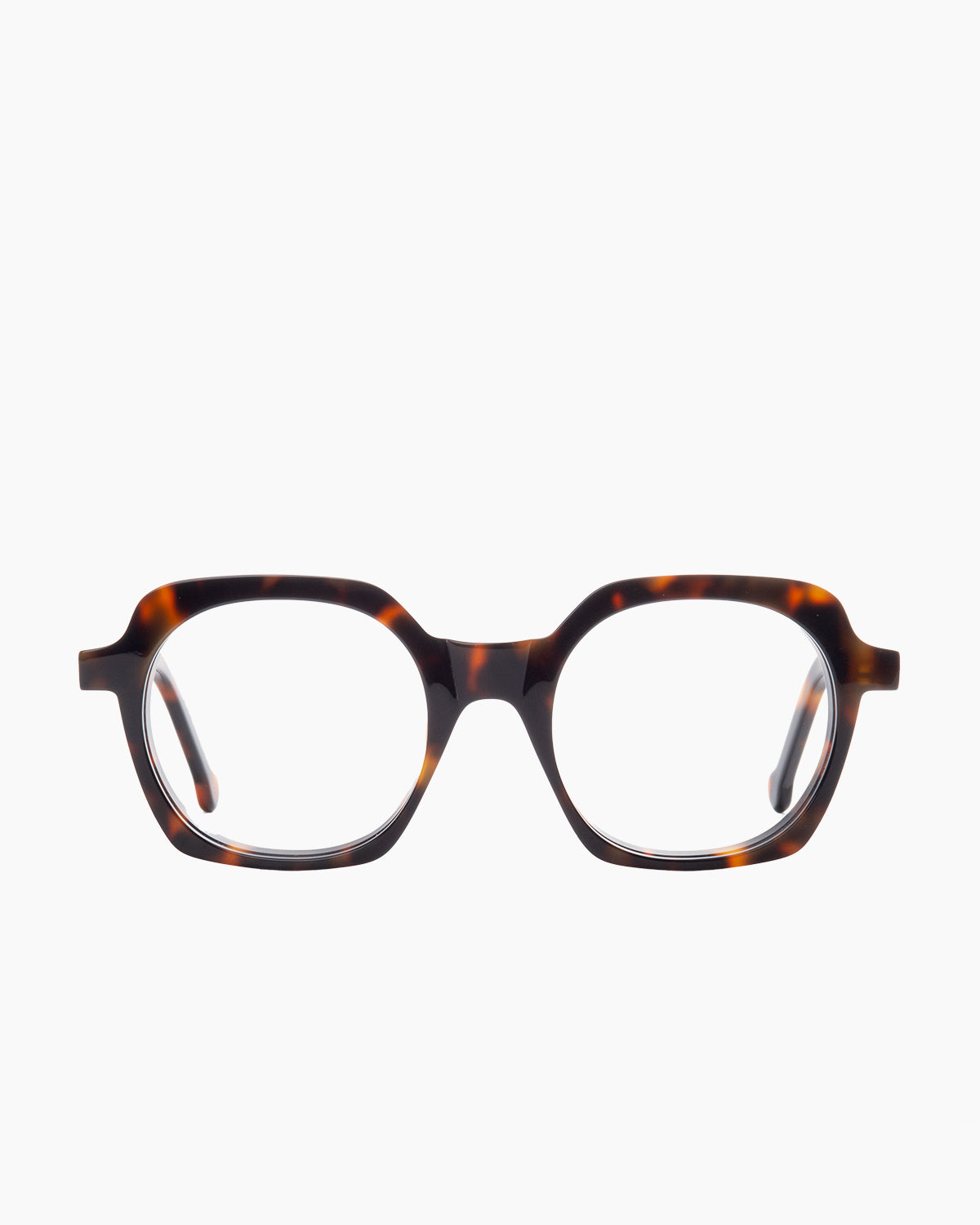 tortoise plastic hexagon eyeglasses by Marie-Sophie Dion model Aronson, front view, lunettes de vue hexagone couleur écaille de tortue