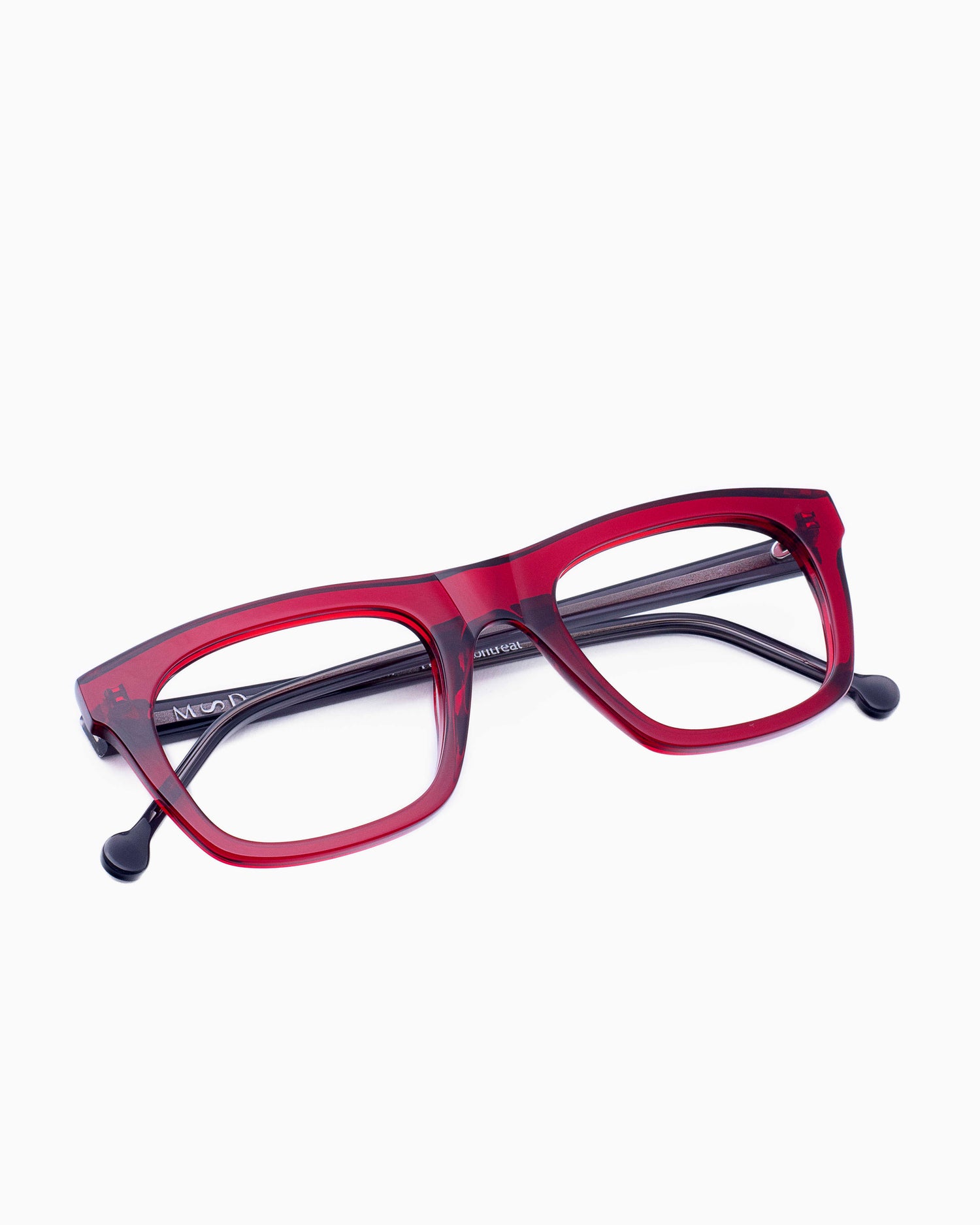 red plastic rectangle eyeglasses by Marie-Sophie Dion model Hemingway, front view, lunettes de vue rectangle couleur bourgogne