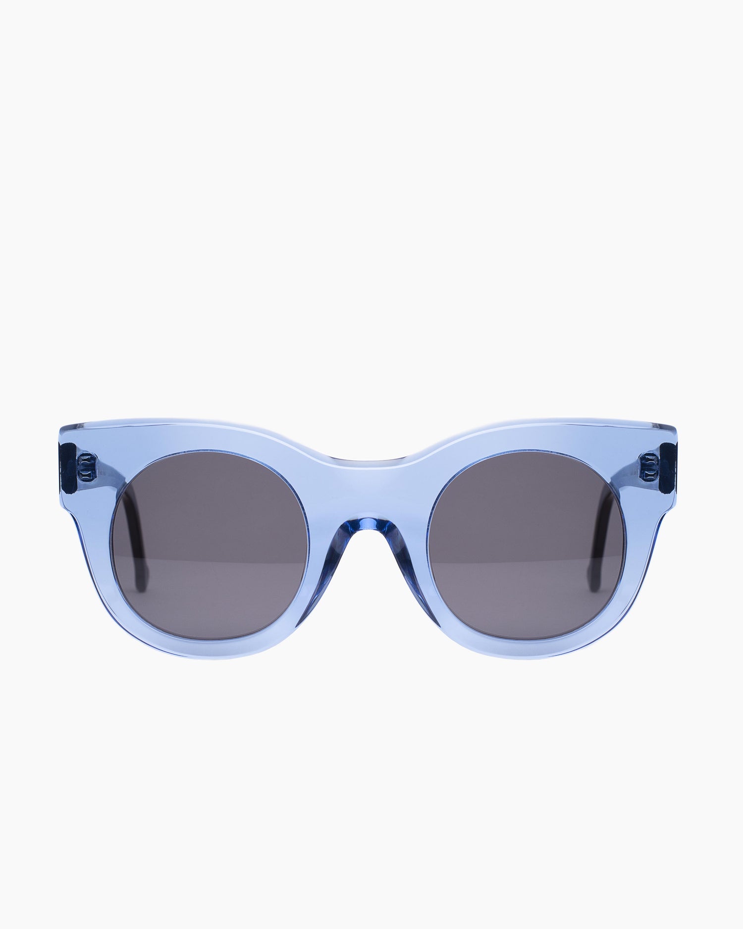 blue plastic round  sunglassesby Marie-Sophie Dion model BrixiSun, front view, lunettes de vue rond couleur Bleu
