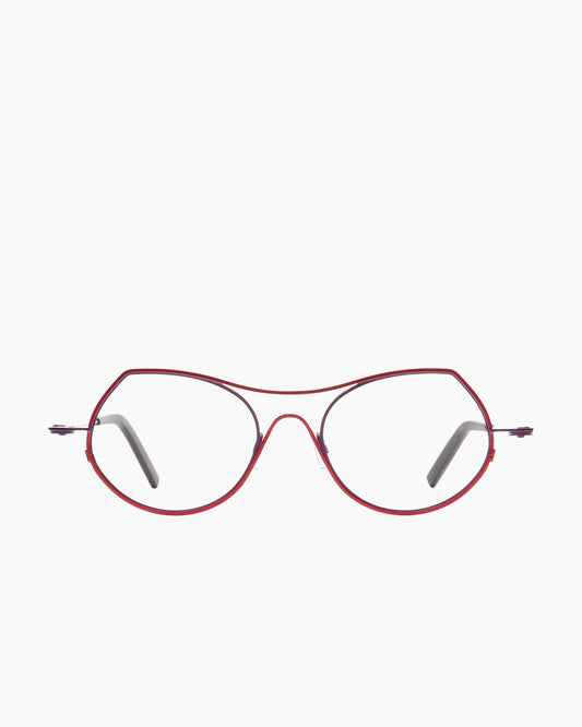 red metal cat eyeglasses by Theo model Isobath, front view, lunettes de vue chat couleur rouge
