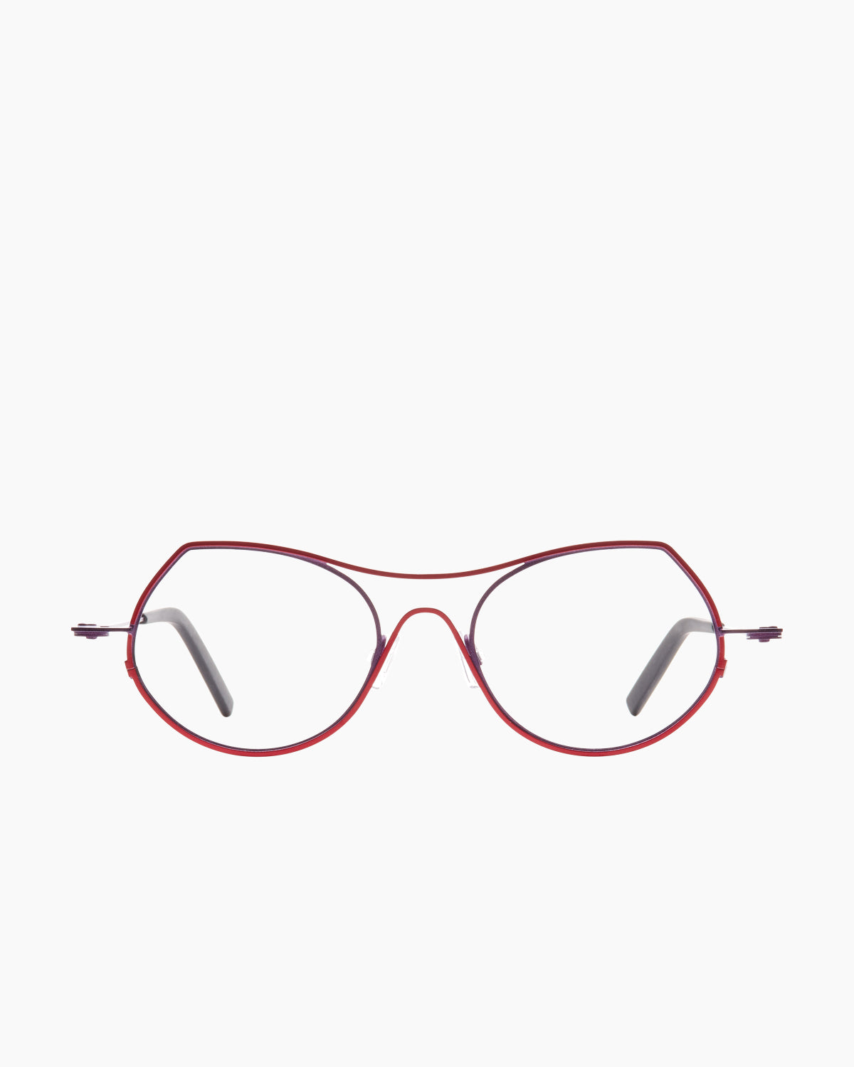 red metal cat eyeglasses by Theo model Isobath, front view, lunettes de vue chat couleur rouge