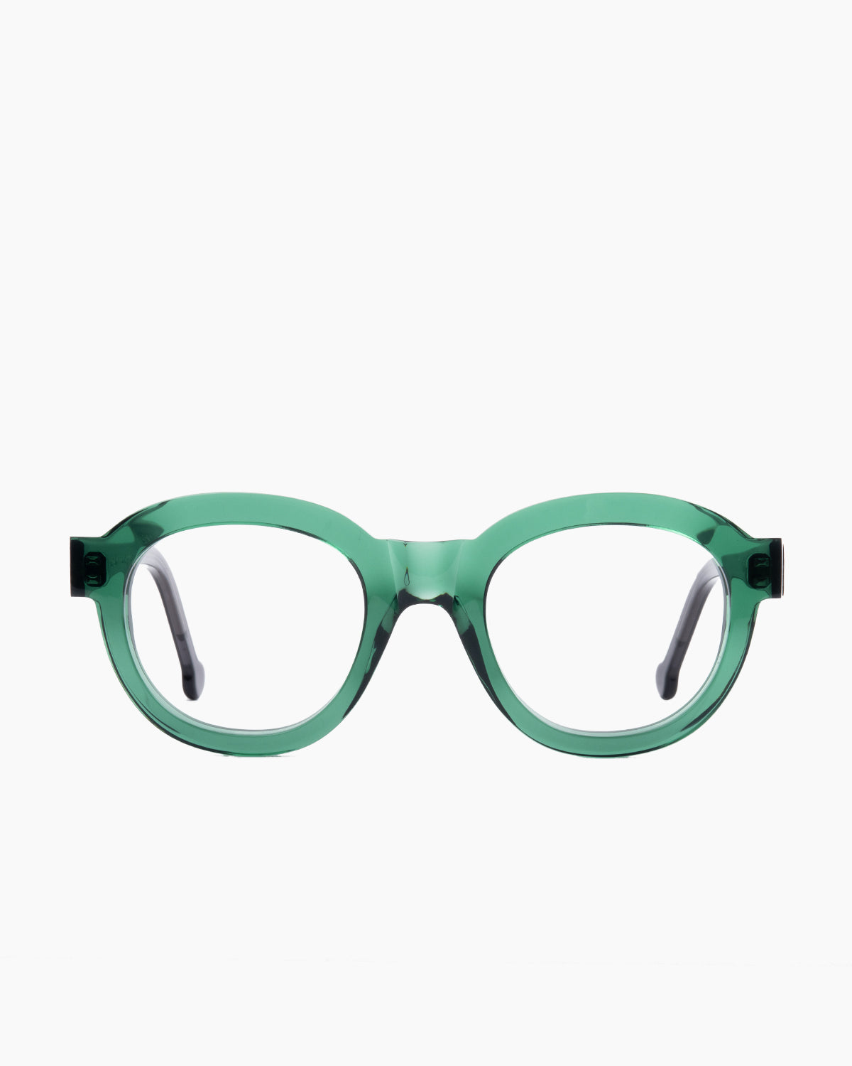 green plastic round eyeglasses by Marie-Sophie Dion model Claude, front view, lunettes de vue rond couleur vert