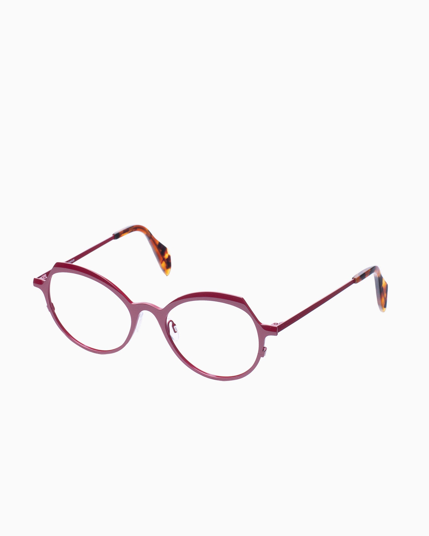 burgundy metal butterfly eyeglasses by Theo model Pendeloque, front view, lunettes de vue papillon couleur bourgogne