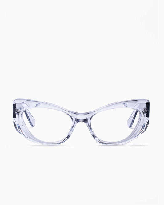 silver plastic cat eyeglasses by Kirk&Kirk model Esme, front view, lunettes de vue chat couleur argent