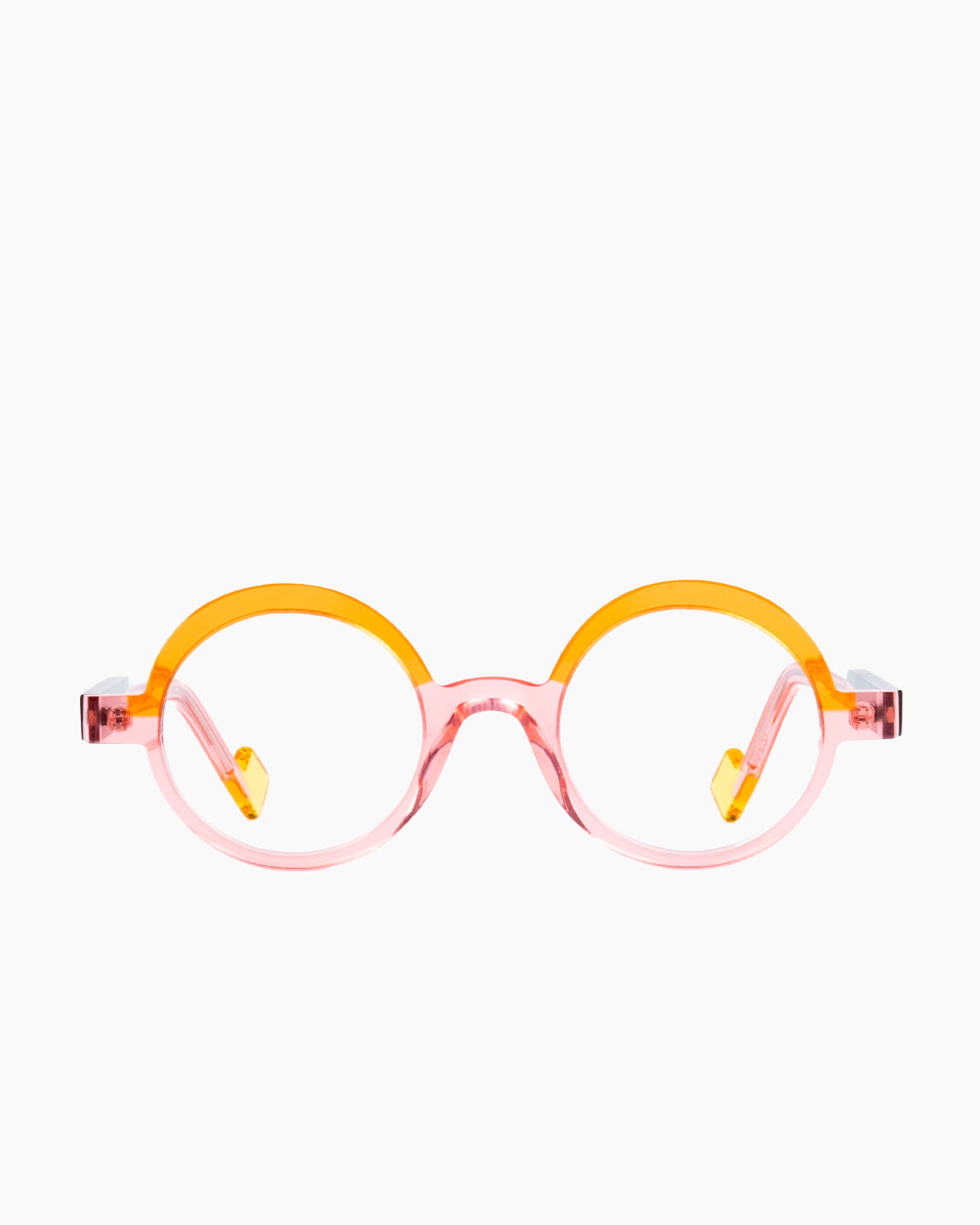 pink plastic round eyeglasses by Anne et Valentin model LUDIK, front view, lunettes de vue rond couleur Rose