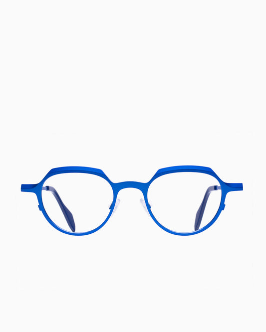 blue metal round eyeglasses by Theo model Obus, front view, lunettes de vue rond couleur Bleu