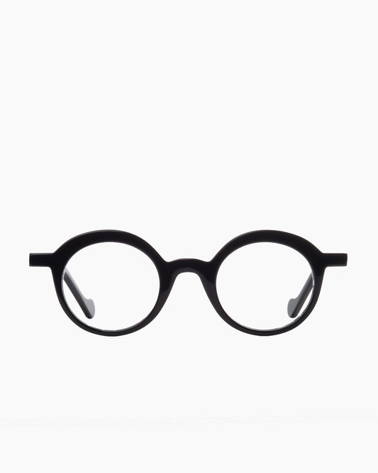 black plastic round eyeglasses by Anne et Valentin model ARMEL, front view, lunettes de vue rond couleur noir