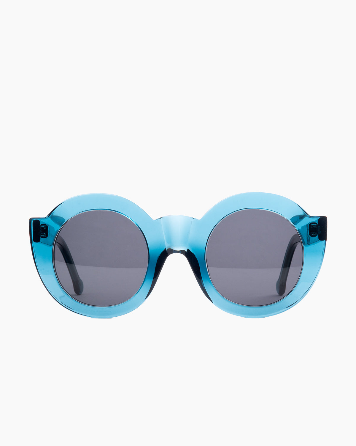 blue plastic round  sunglassesby Marie-Sophie Dion model CollSun, front view, lunettes de vue rond couleur Bleu