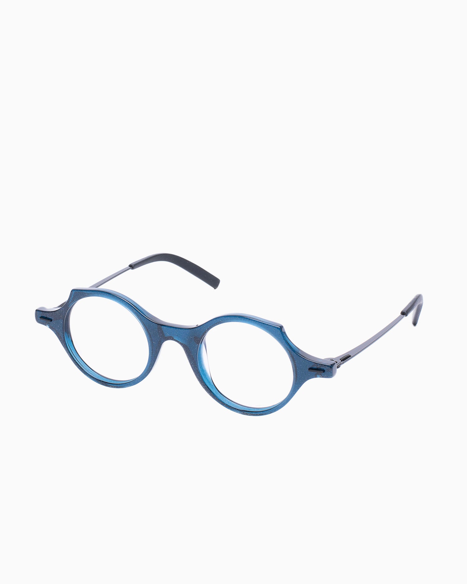 blue plastic round eyeglasses by Theo model patatas, front view, lunettes de vue rond couleur Bleu