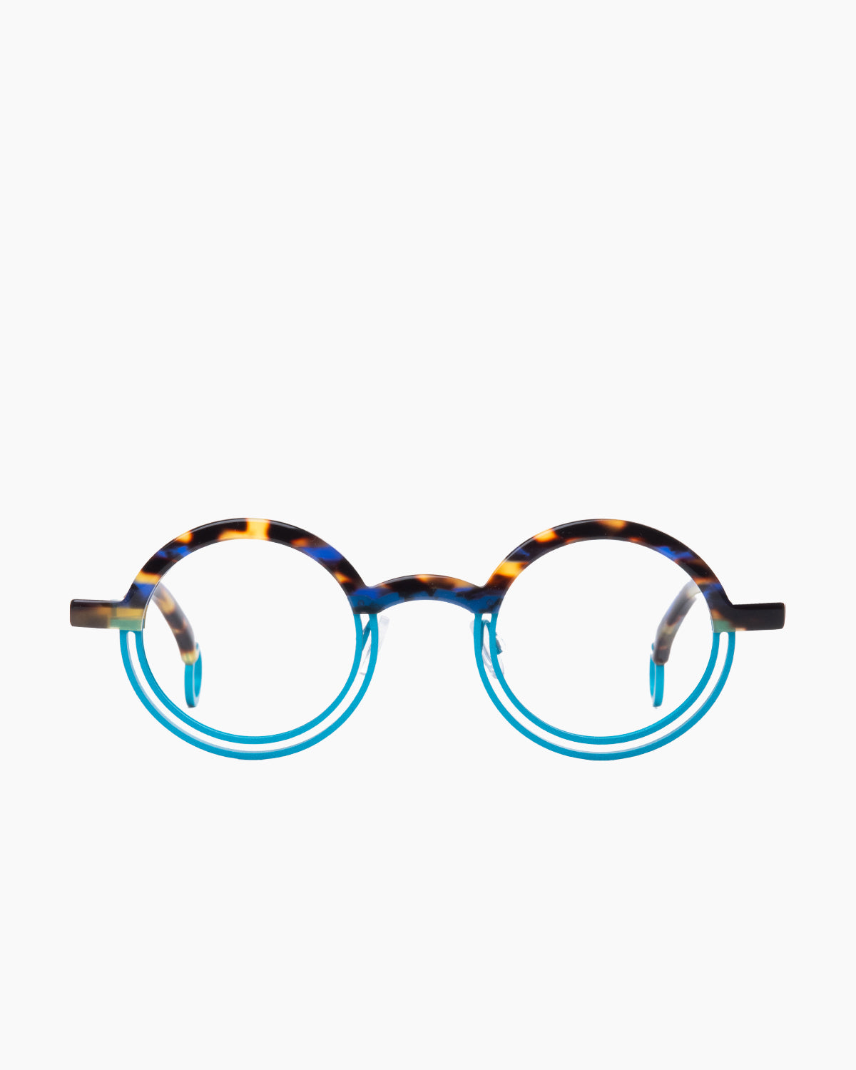 blue metal round eyeglasses by Theo model kicker, front view, lunettes de vue rond couleur bleu