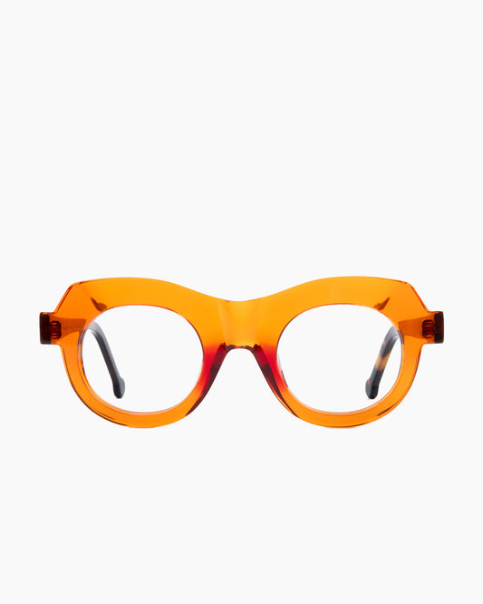 orange plastic round eyeglasses by Marie-Sophie Dion model Latraverse3, front view, lunettes de vue rond couleur orange