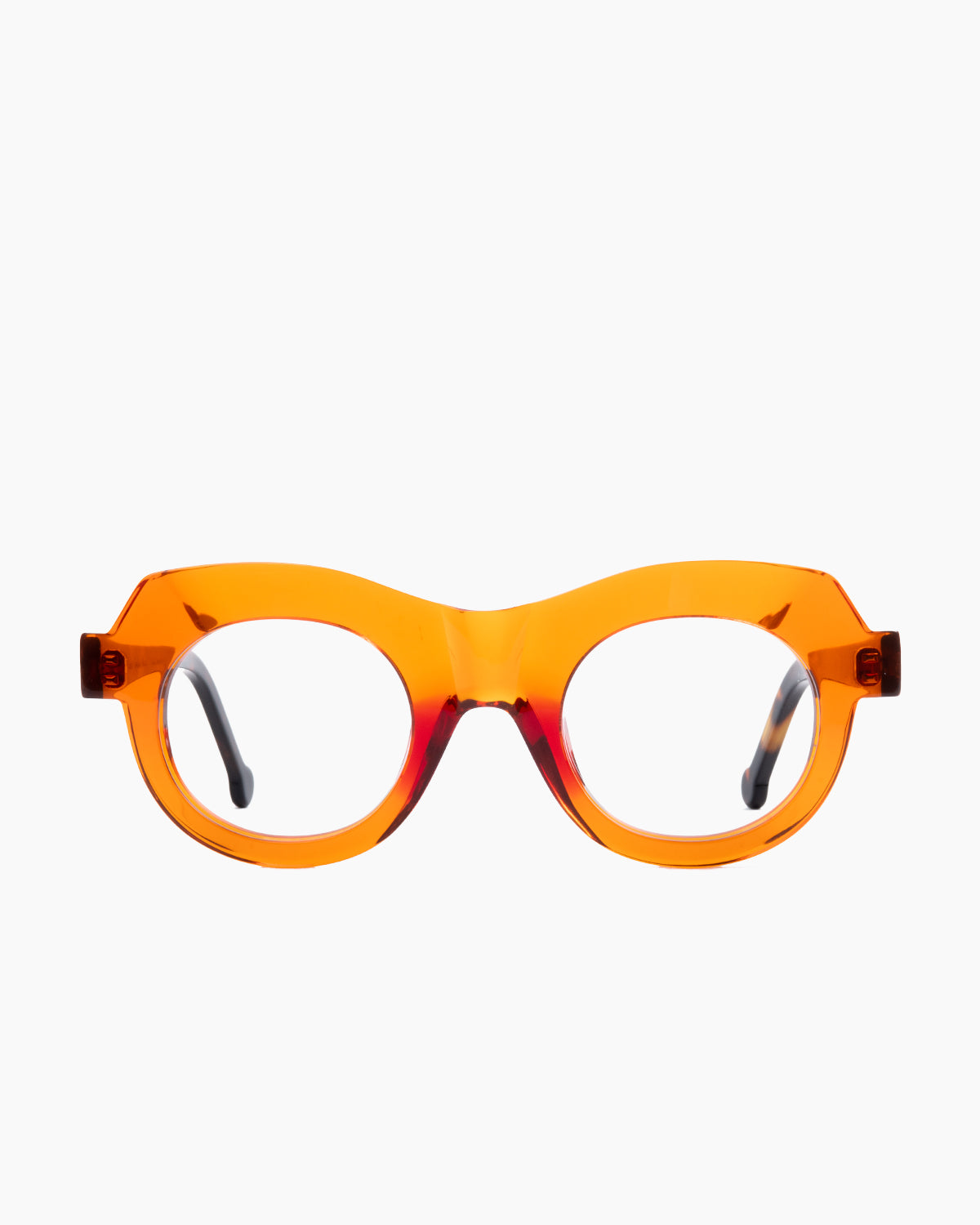 orange plastic round eyeglasses by Marie-Sophie Dion model Latraverse3, front view, lunettes de vue rond couleur orange