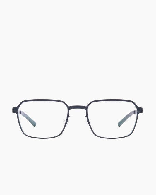 blue metal rectangle eyeglasses by Mykita model Carson, front view, lunettes de vue rectangle couleur bleu