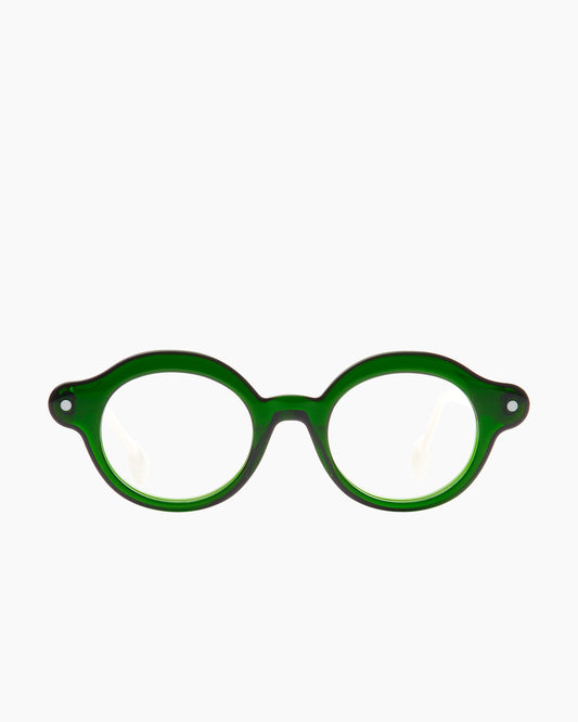 green plastic oval eyeglasses by Anne et Valentin model Boing, front view, lunettes de vue ovale couleur vert
