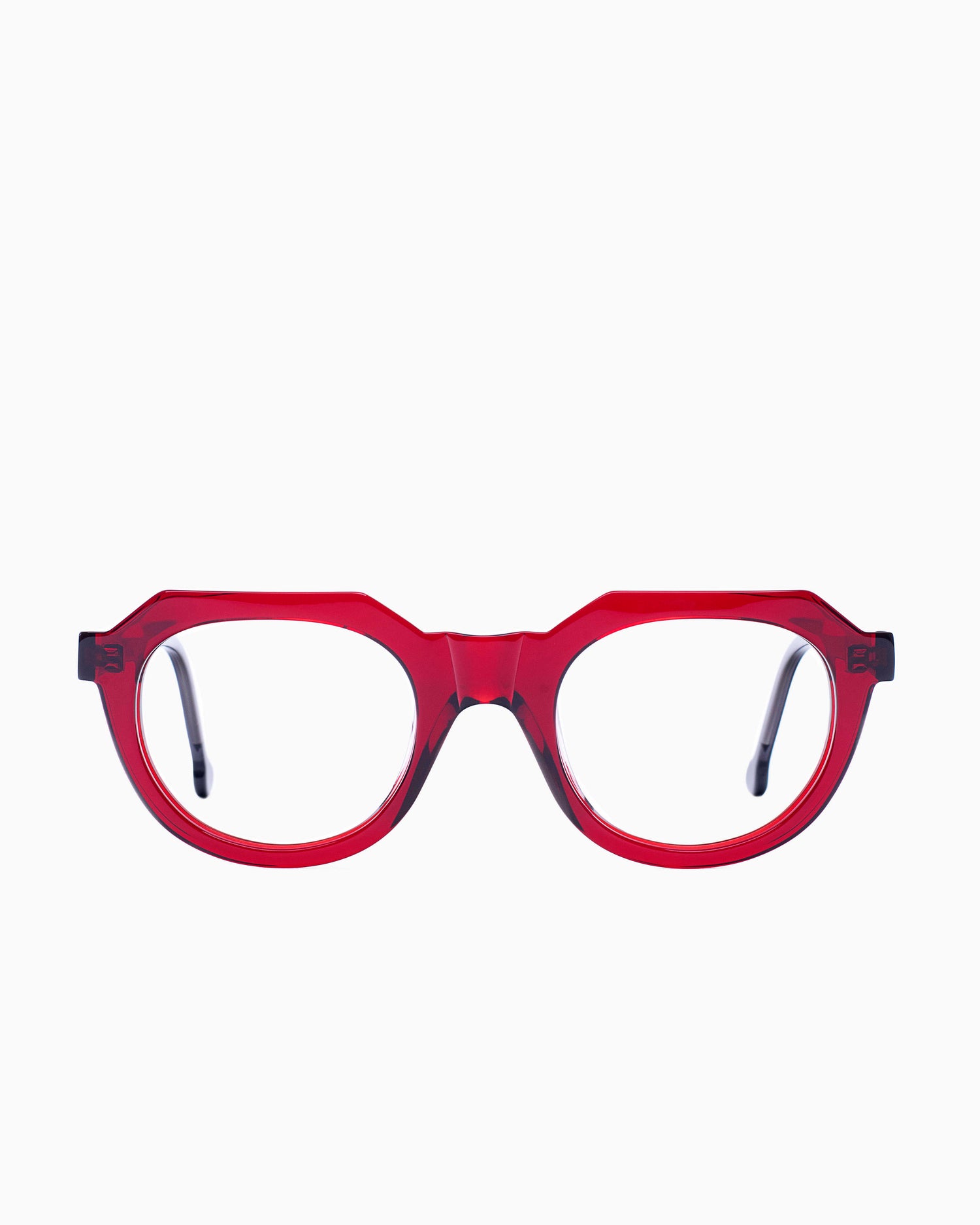 red plastic oval eyeglasses by Marie-Sophie Dion model Boutcheri, front view, lunettes de vue ovale couleur bourgogne
