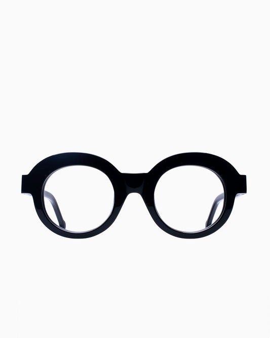 black plastic round eyeglasses by Marie-Sophie Dion model Latraverse1, front view, lunettes de vue rond couleur Noir