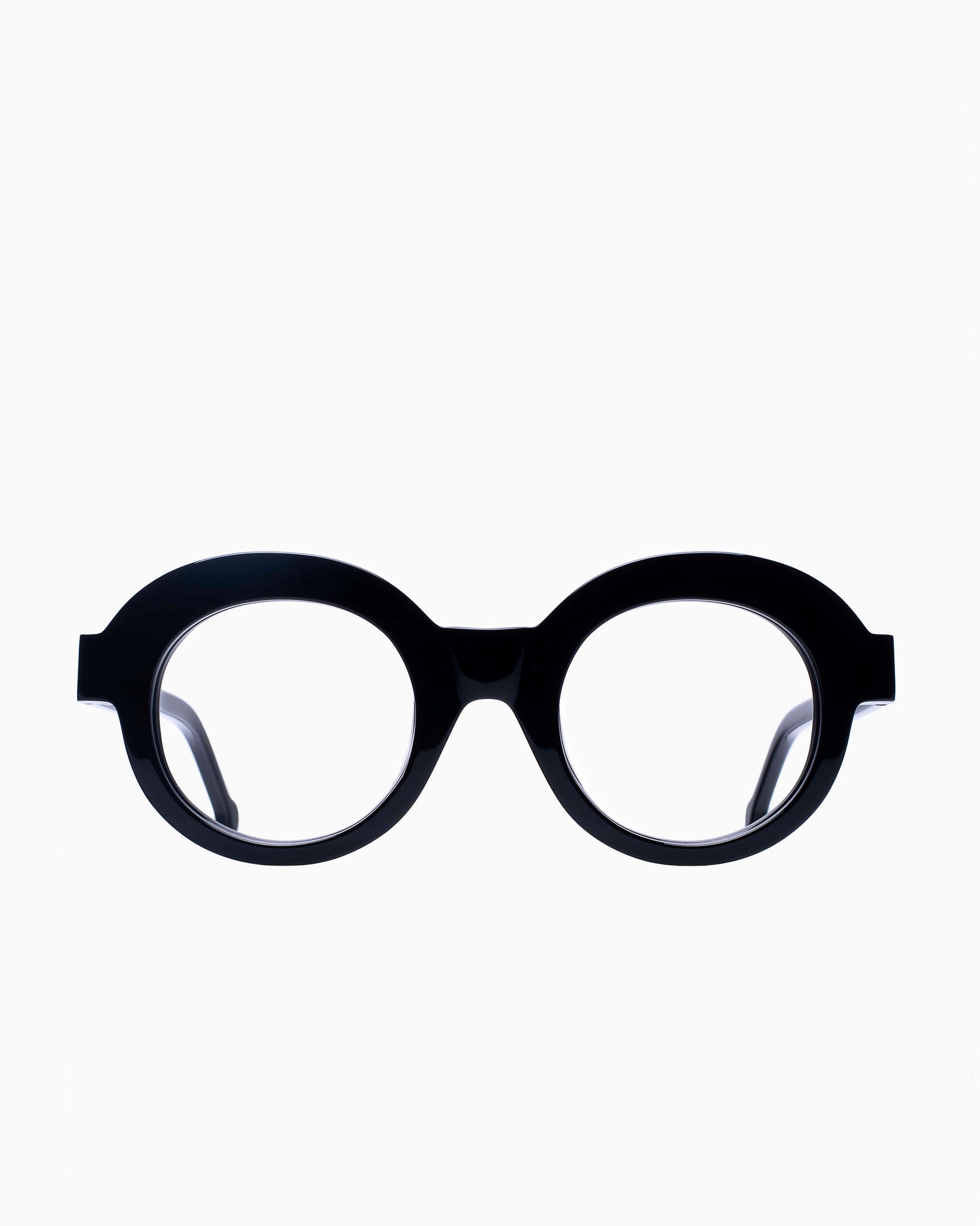 black plastic round eyeglasses by Marie-Sophie Dion model Latraverse1, front view, lunettes de vue rond couleur Noir