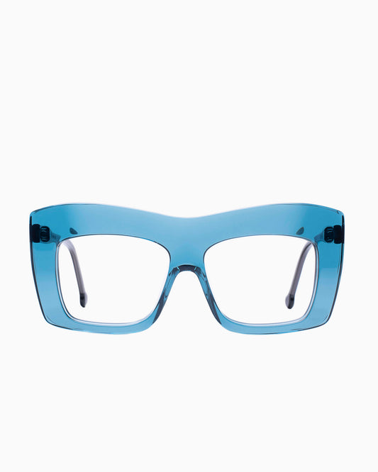 blue plastic rectangle eyeglasses by Marie-Sophie Dion model Arseneau, front view, lunettes de vue rectangle couleur Bleu