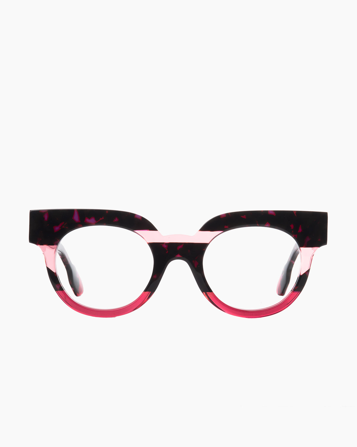 pink plastic butterfly eyeglasses by Anne et Valentin model hihi, front view, lunettes de vue papillon couleur rose