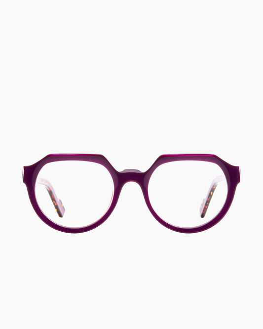 purple plastic oval eyeglasses by Xavier Derome model DIVINE, front view, lunettes de vue ovale couleur violet